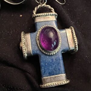 David Troutman Large Lapis Lazuli & Amethyst Vintage Sterling Cross Pendant